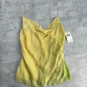 NWT Tahari cowl neck 100% silk top yellow/green with sheer straps size small